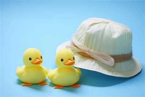 Three Small Rubber Ducks Are Shown Around A Hat With A Blue Background ...