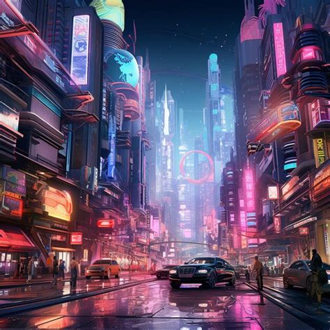 Un bullicioso paisaje urbano cyberpunk con luces de neón coches