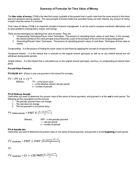 Summary Of Formulas For Time Value Of Money Pdf Time Value Of Money Present Value