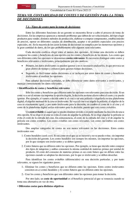 Teoría Tema 7 Toma de decisiones Contabilidad de Costes II Curso