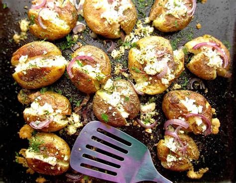 Roasted Greek Potatoes Recipe With Feta Cheese Oregano And Onion