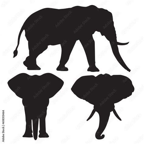 Elephant and elephant's head silhouette on white background Stock ...