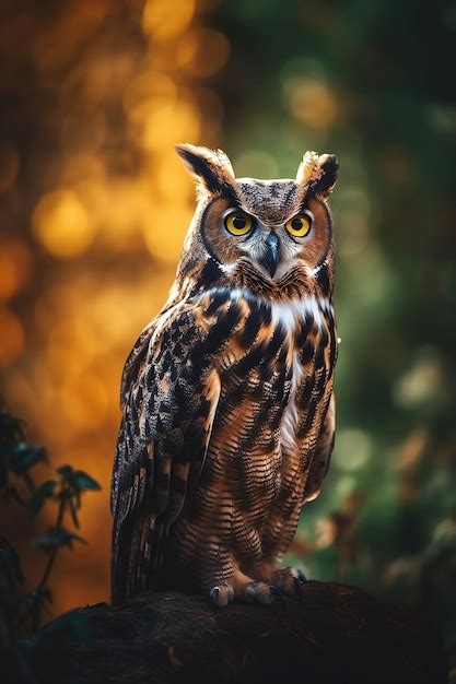 Un búho cornudo se sienta en una rama ia generativa Foto Premium