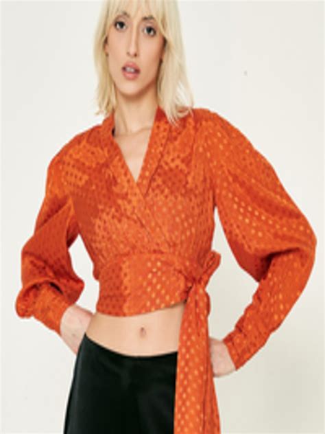 Buy Cover Story Orange Geometric Printed Cuffed Sleeves Wrap Crop Top Tops For Women 23202340