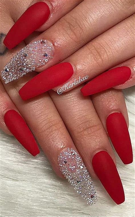 Matte Red Coffin Nails With Diamonds If That Unique Design Isnt Enough To Catch Eyes Then