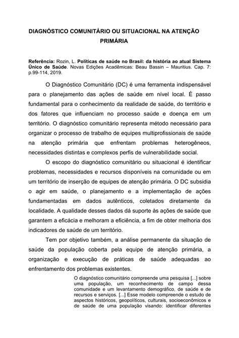 Pdf Diagn Stico Comunit Rio Ou Situacional Na Aten O Prim Ria