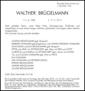 Traueranzeigen von Walther Brügelmann WirTrauern