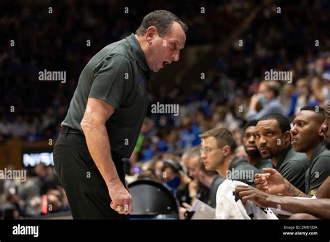 Duke Head Coach Mike Krzyzewski Shouts To Players On His Bench During An Ncaa College Basketball