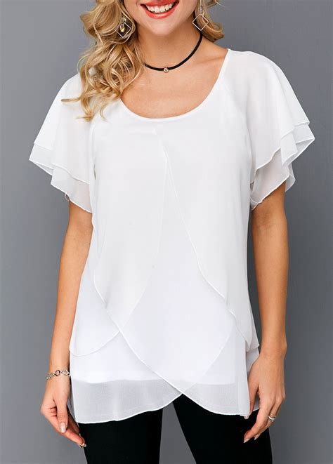 Butterfly Sleeve Crossover Hem White Blouse Usd 26128