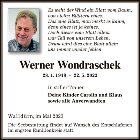 Traueranzeigen Von Werner Wondraschek Trauerportal Ihrer Tageszeitung