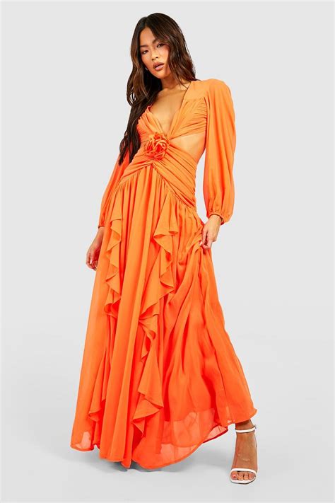 Rose Corsage Detail Ruffle Maxi Dress Boohoo Usa