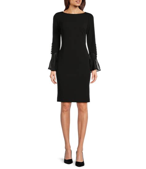 Calvin Klein Chiffon Long Sheer Bell Sleeve Round Neck Sheath Dress