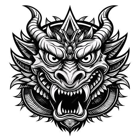 Premium Vector Black And White Illustration Of A Fierce Dragon Head