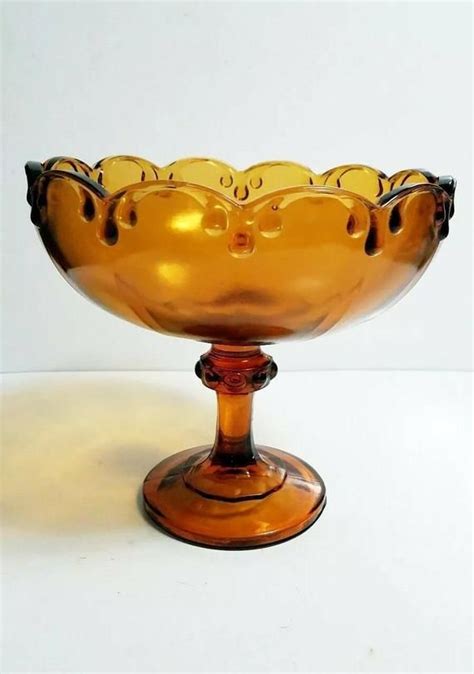 Vintage Amber Glass Garland Teardrop Footed Compote ~ Pedestal Fruit Bowl Made By The Indiana