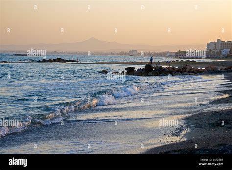 Sunset Oroklini Beach Larnaka Bay Looking To Larnaka City Cyprus