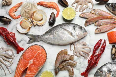 Fresh Fish And Different Seafood On White Marble Table Stock Photo