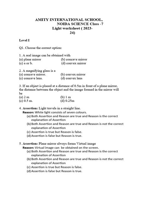 Amity International School Noida Science Class 7 Light Worksheet 2023 24 Download Free