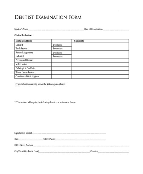 Printable Dental Examination Form