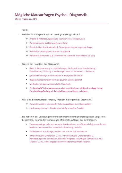 Klausurfragen psychologische Diagnostik Mögliche Klausurfragen