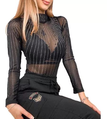 Body Feminino Transparente Strass Tule Luxuoso Manga Longa