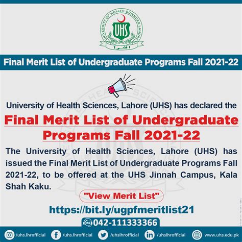 UHS Final Merit List Of Undergraduate Programs Fall 2021 22