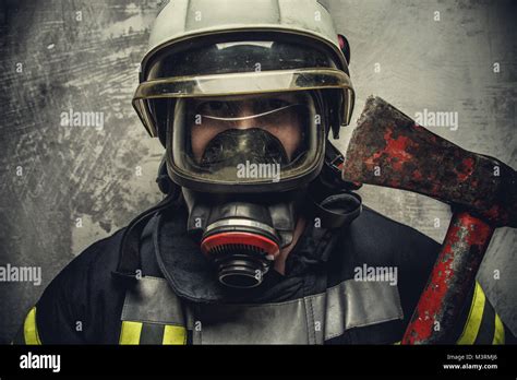 Portrait Of Firefighter In Oxygen Mask Stock Photo Alamy