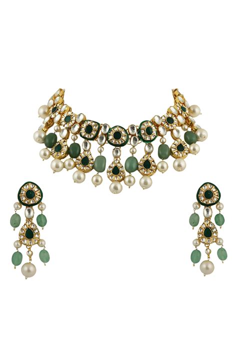 Buy Gold Plated Real Jadtar Stones Embellished Carved Necklace Set By