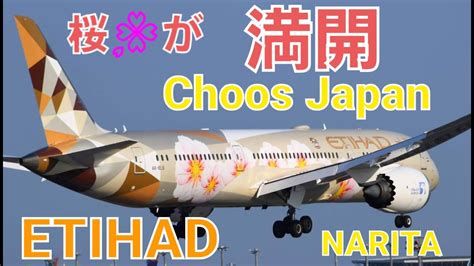 RJAA 成田空港 桜の花が大きく綺麗な2号機 日本のための特別塗装機 Choose Japan エティハド航空 Etihad