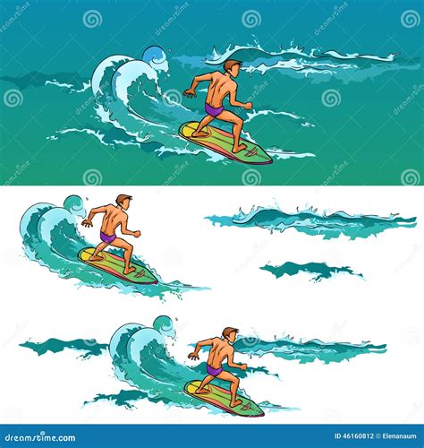 Surfing Man On Surfboard On Sea Waves Stock Vector Image 46160812