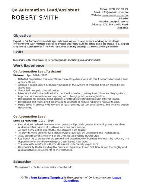 Qa Automation Lead Resume Samples Qwikresume