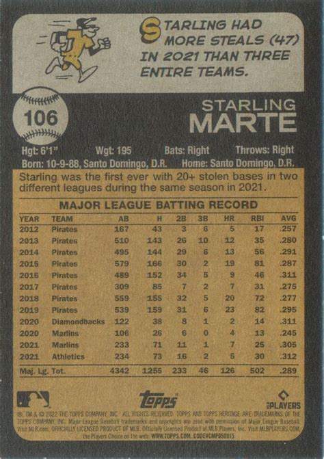 Starling Marte 2022 Topps Heritage Baseball Card 106 New York Mets MLB