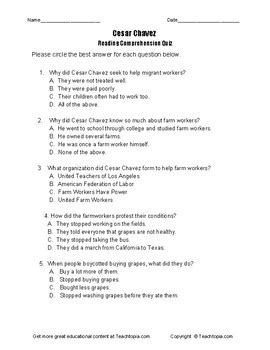 Benchmark Advance Reading Comprehension Quiz Rd Grade Cesar Chavez