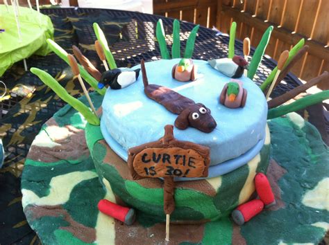 Duck Hunting Themed Cake Camo Bottom With Pond On Top With Ducks Dog