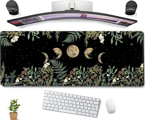 Green Tropical Leaves Desk Mat Black Mouse Pad Cute Anime Moon Deskmat