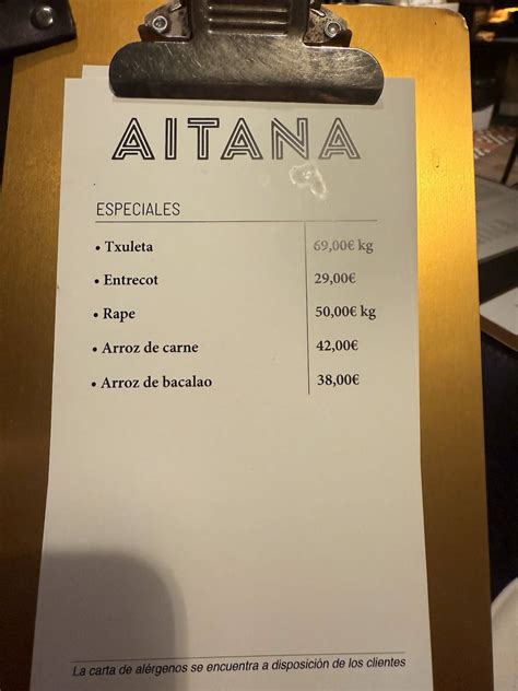 Carta del pub y bar Aitana Donostia, San Sebastián