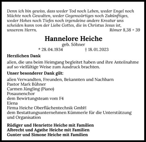 Traueranzeigen von Hannelore Heiche | www.trauerundgedenken.de