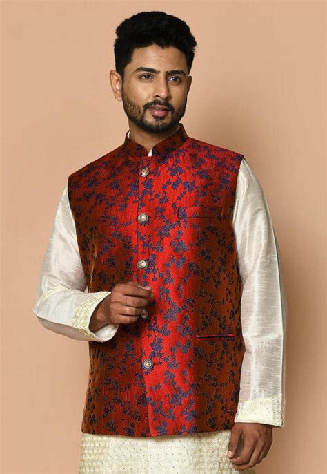 Buy Woven Art Silk Jacquard Nehru Jacket In Red Online MAM315 Utsav