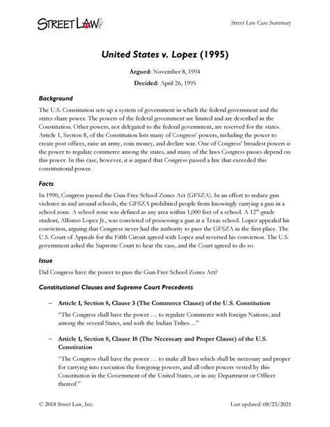 United States V Lopez Street Law Case Summary Street Law Inc