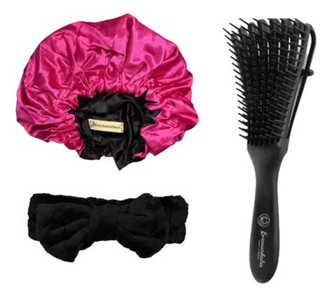 Kit Escova Polvo Basic Touca Cetim Anti Frizz Faixa La O Preto