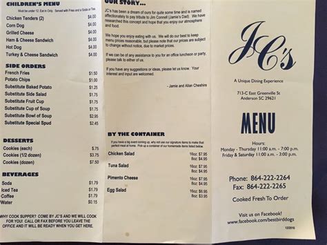 Jc`s Restaurant Menu Reviews And Photos 713c E Greenville St