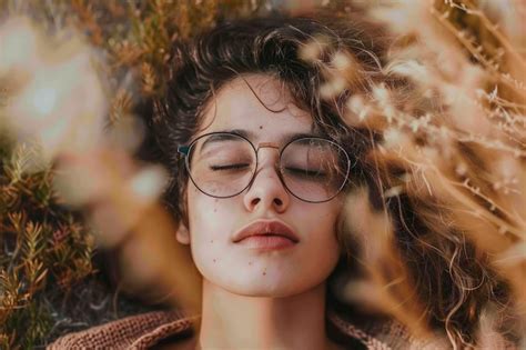 Premium Photo A Woman With Her Eyes Closed Wearing Glasses