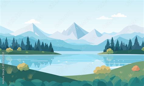 Landscape Mountain Lake Landscape Vector Illustration Cartoon Flat