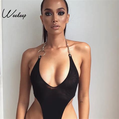 Weekeep Halter Bodycon Backless Bodysuit Women Sexy V Neck Clubwear