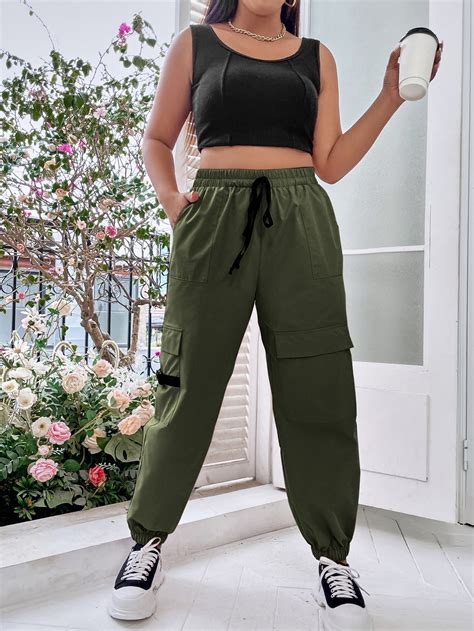 Shein Coolane Plus Flap Pocket Side Drawstring Waist Cargo Pants