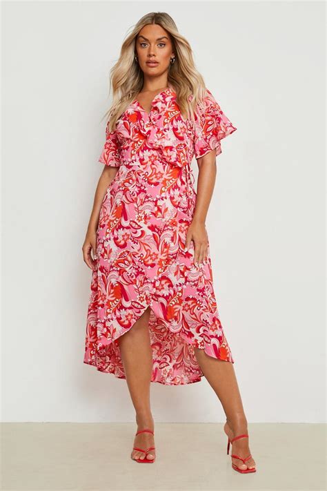 Womens Plus Woven Floral Ruffle Wrap Midi Dress Boohoo Uk