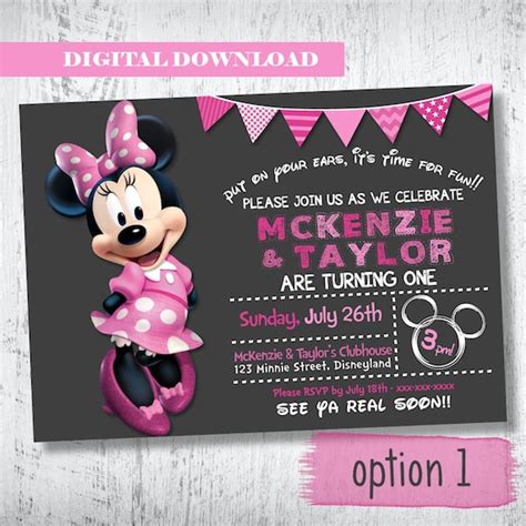 Minnie Mouse Twin Invitationminnie Mouse Birthday