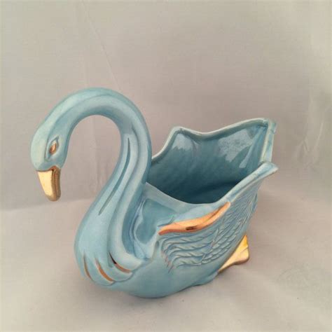 Vintage Lustre Opal Ceramic Swan Planter Blue By Tinselandflamingo Blue