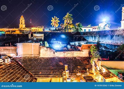 Night Streetview Of Trinidad Cuba Sunny Day Beautiful Buildings Stock