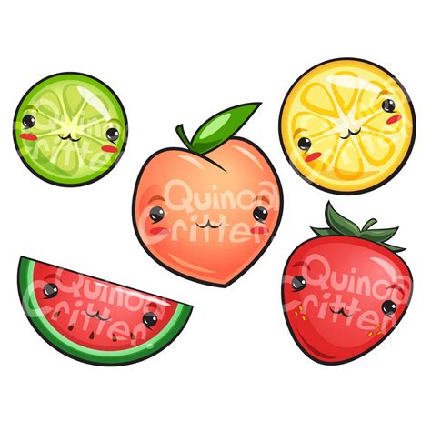 Kawaii Fruit Clip Art Digital Download Lemon Lime Strawberry Etsy