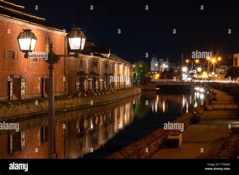 Landscape view of Otaru canals and warehouse at night in Hokkaido Japan ...